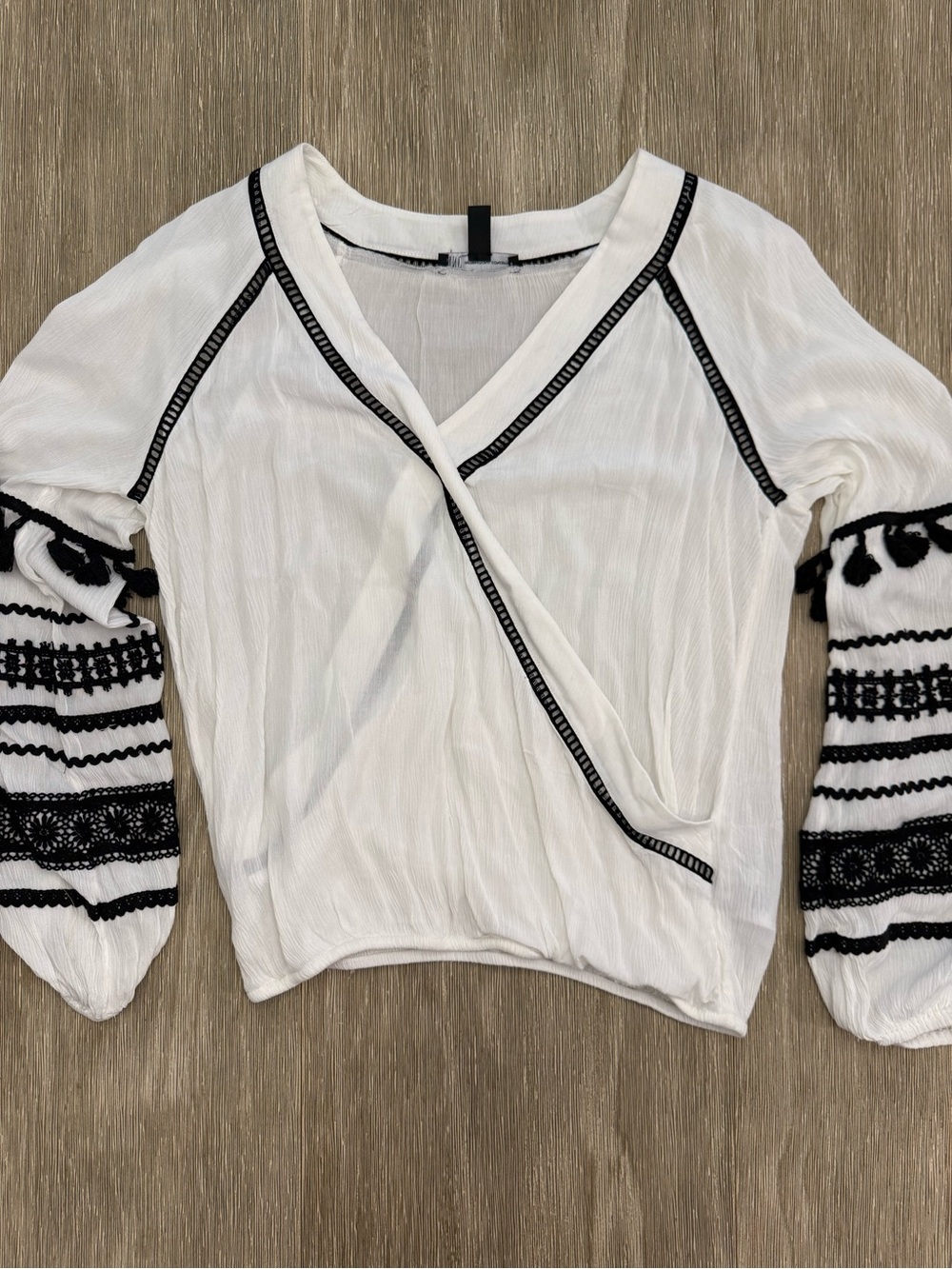 White V-Neck rayon Embroidered Peasant Blouse with Black Trim small